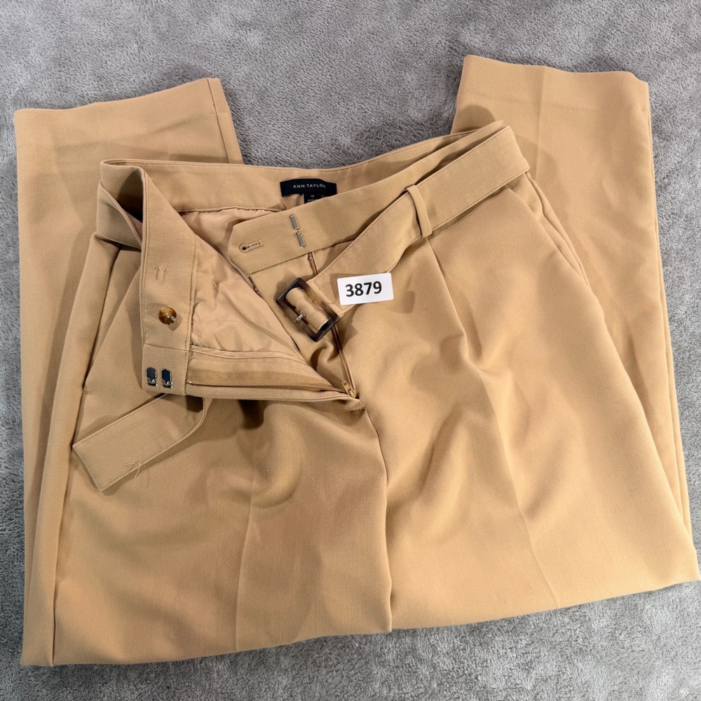 Ann Taylor Trousers Women 10 Tan Belted High Rise Straight Leg Ankle 610054